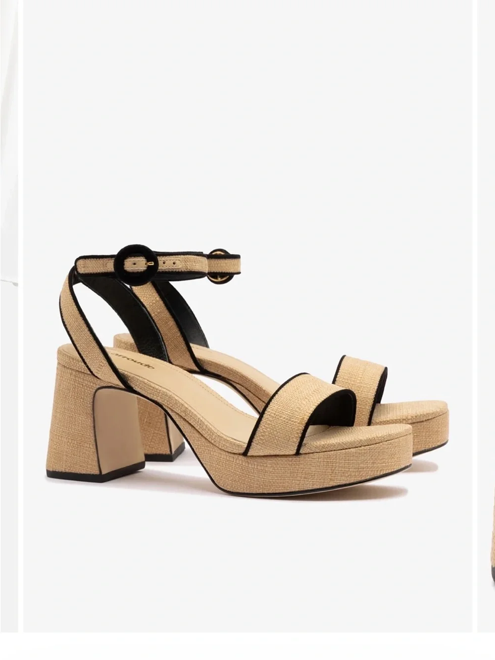 Woven Platform Block Heel Sandals in Natural with Black Trim